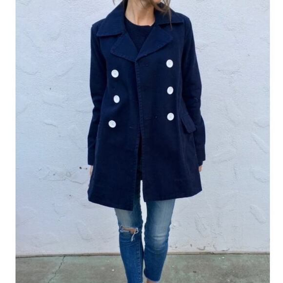 J Crew Pea Coat Women's 10 Navy Double Breasted White Button Heavyweight Twill - Picture 2 of 15